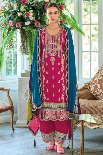 Pakistani straight suit for women chinon fabric pink-Full Stitched free size