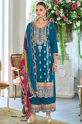 new Pakistani straight suit for women chinon fabric blue