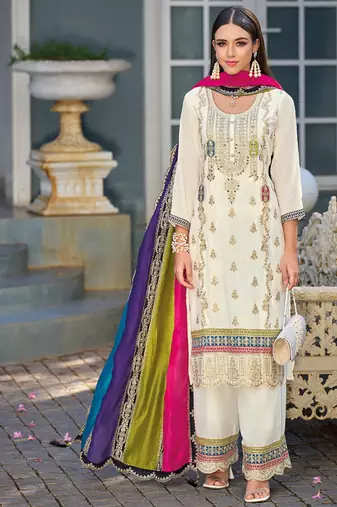 new Pakistani straight suit for women chinon fabric white