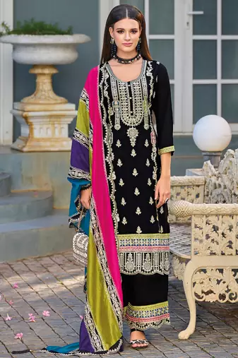new Pakistani straight suit for women chinon fabric black