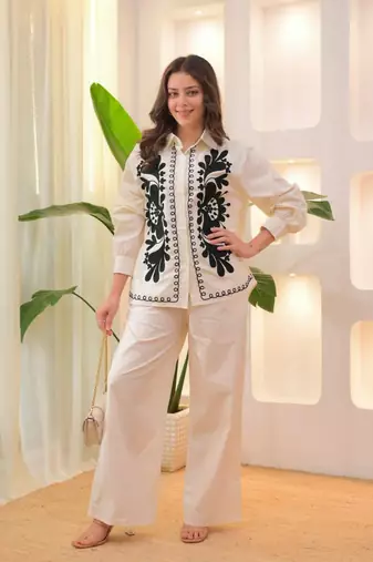 Floral embroidered white round neck cotton co-ord set