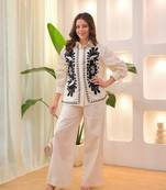 Floral embroidered white round neck cotton co-ord set