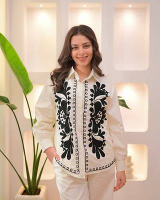 Floral embroidered white round neck cotton co-ord set 3