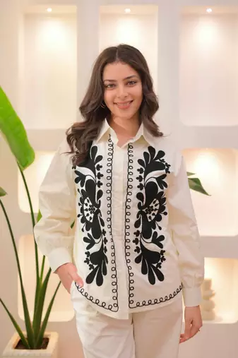Floral embroidered white round neck cotton co-ord set