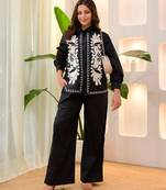 Floral embroidered black round neck cotton co-ord set