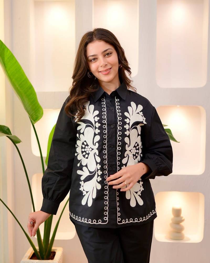 Floral embroidered black round neck cotton co-ord set