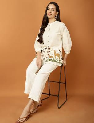Floral embroidered white round neck cotton co-ord set 1