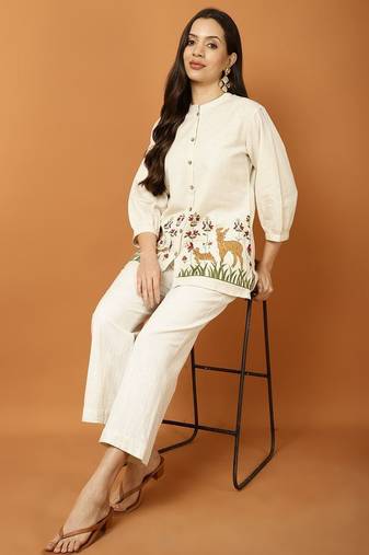 Floral embroidered white round neck cotton co-ord set