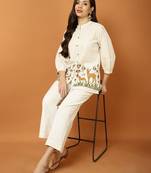 Floral embroidered white round neck cotton co-ord set