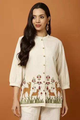Floral embroidered white round neck cotton co-ord set