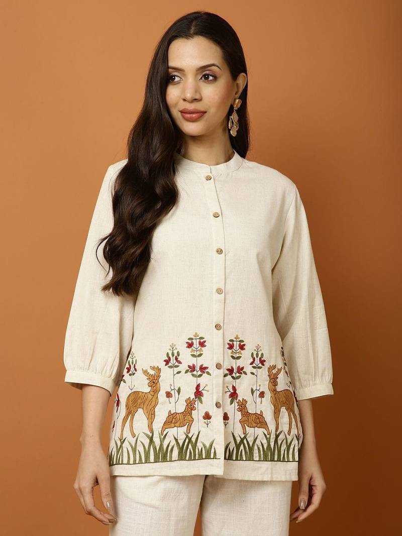 Floral embroidered white round neck cotton co-ord set
