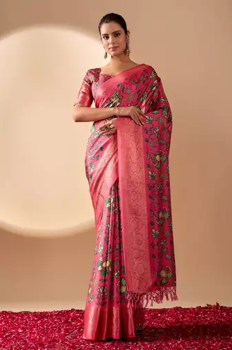 New Fancy Soft Lichi Silk Printed Women's Saree With Blouse Piece Set