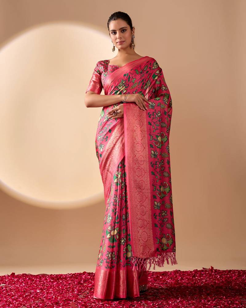 New Fancy Soft Lichi Silk Printed Women's Saree With Blouse Piece Set