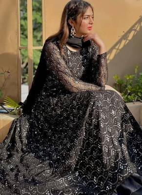 BLACK Designer faux blooming sharara set with heavy sequins & thread embroidery work 1