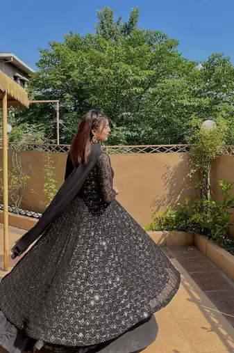 BLACK Designer faux blooming sharara set with heavy sequins & thread embroidery work