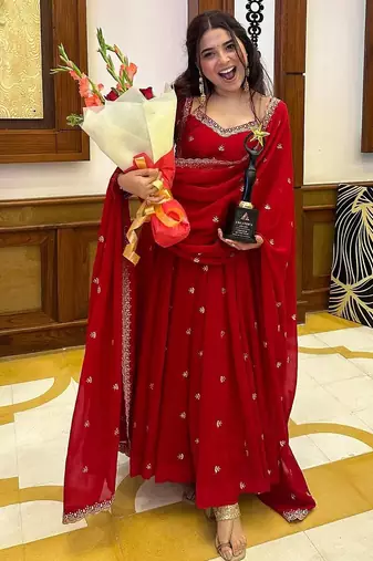 red love georgette anarkali set with embroidered dupatta & sequence detailing