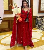 red love georgette anarkali set with embroidered dupatta & sequence detailing