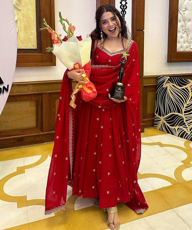 red love georgette anarkali set with embroidered dupatta & sequence detailing