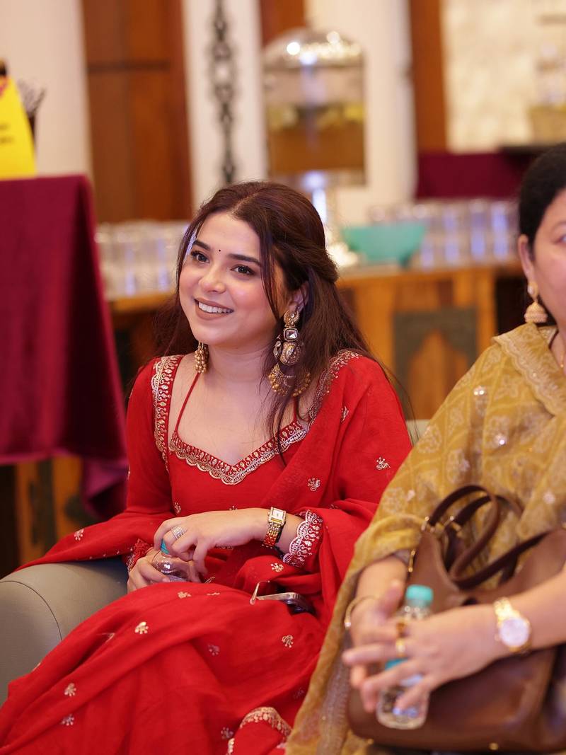 red love georgette anarkali set with embroidered dupatta & sequence detailing