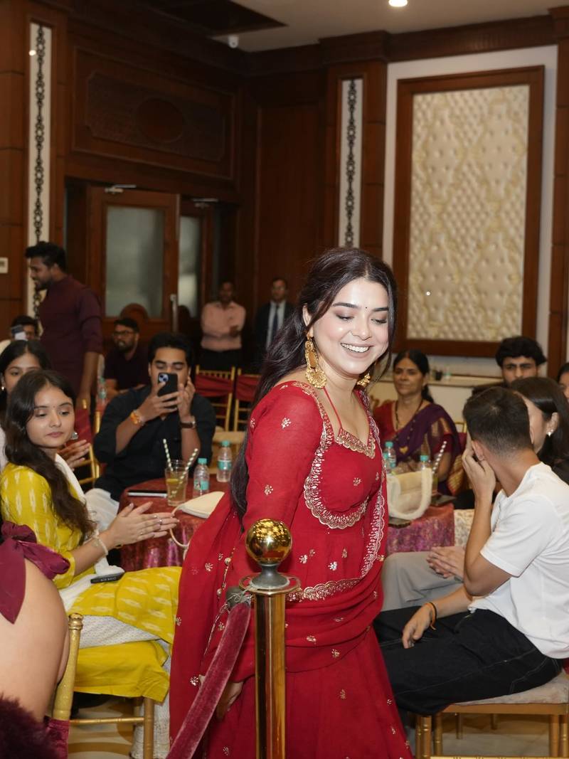 red love georgette anarkali set with embroidered dupatta & sequence detailing