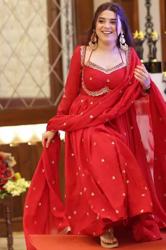 red love georgette anarkali set with embroidered dupatta & sequence detailing