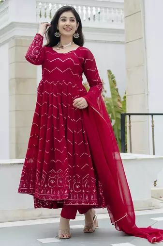 Elegant faux georgette embroidered anarkali set with dupatta & cotton pants