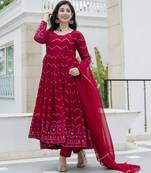 Elegant faux georgette embroidered anarkali set with dupatta & cotton pants