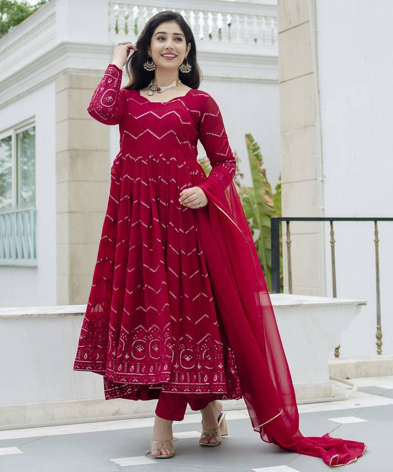 Elegant faux georgette embroidered anarkali set with dupatta & cotton pants
