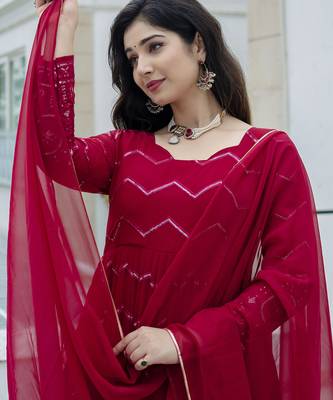 Elegant faux georgette embroidered anarkali set with dupatta & cotton pants 2
