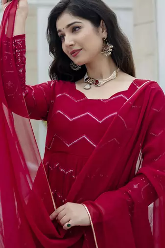 Elegant faux georgette embroidered anarkali set with dupatta & cotton pants