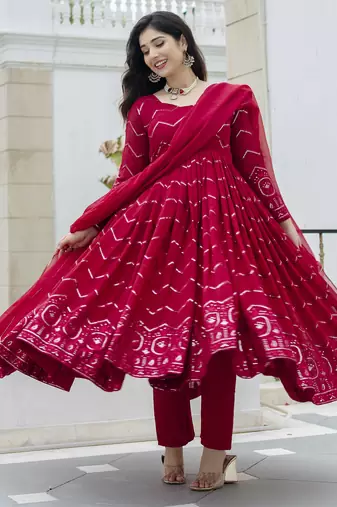 Elegant faux georgette embroidered anarkali set with dupatta & cotton pants