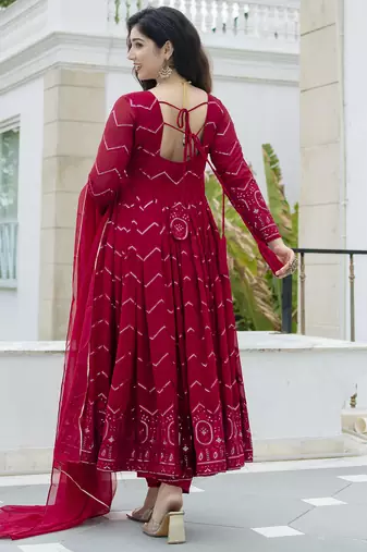 Elegant faux georgette embroidered anarkali set with dupatta & cotton pants