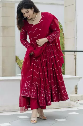 Elegant faux georgette embroidered anarkali set with dupatta & cotton pants