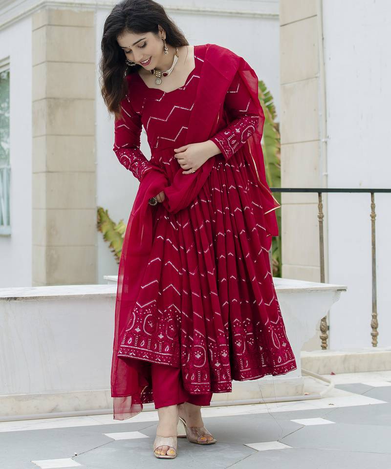 Elegant faux georgette embroidered anarkali set with dupatta & cotton pants