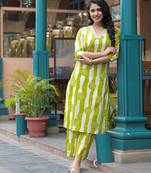 Floral embroidered green v neck cotton kurta & trouser