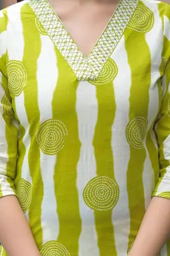 Floral embroidered green v neck cotton kurta & trouser