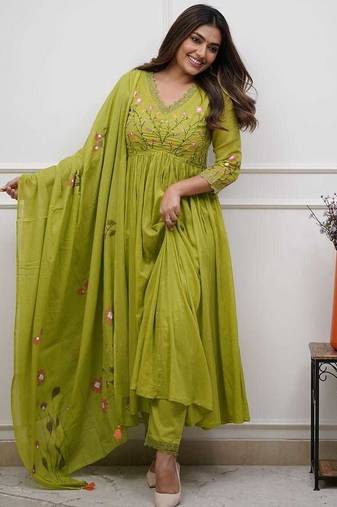 Floral embroidered green v neck cotton kurta with trouser & dupatta set