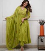 Floral embroidered green v neck cotton kurta with trouser & dupatta set