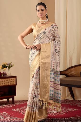 Soft Lichi Silk Saree adorned with graceful ethnic digital prints Saree With Blouse