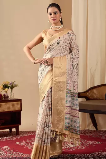 Soft Lichi Silk Saree adorned with graceful ethnic digital prints Saree With Blouse