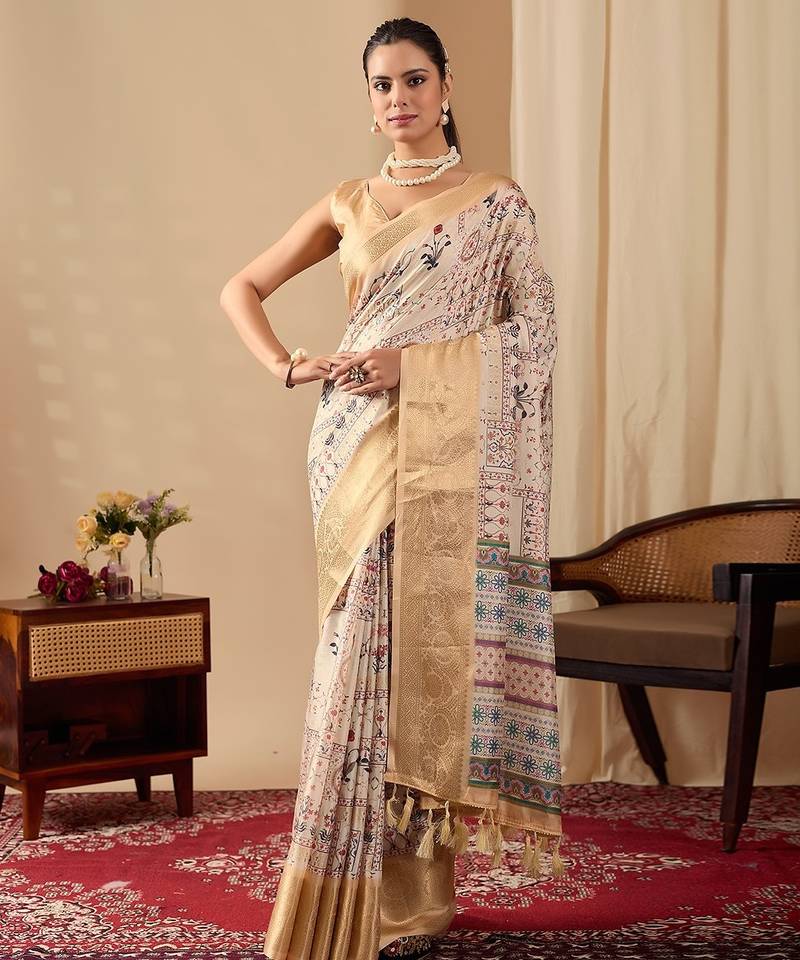 Soft Lichi Silk Saree adorned with graceful ethnic digital prints Saree With Blouse
