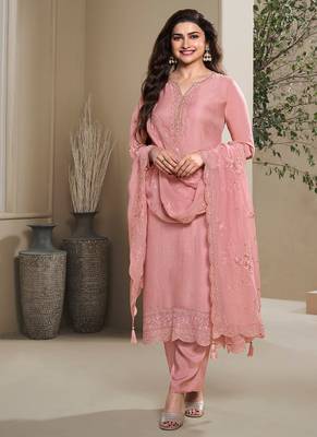 new peach crep silk straight suit for women 1
