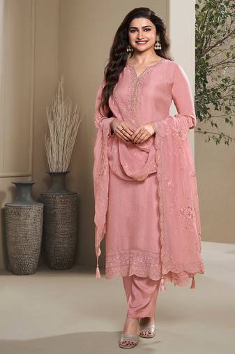 new wedding wear peach crep silk straight suit for women