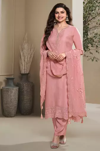 new wedding wear peach crep silk straight suit for women