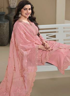 new peach crep silk straight suit for women 3