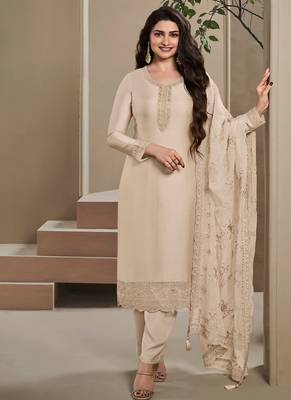 off white crep silk straight suit for women-Full Stitched free size 1