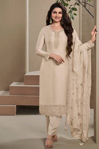 wedding wear off white crep silk straight suit for women-Full Stitched free size
