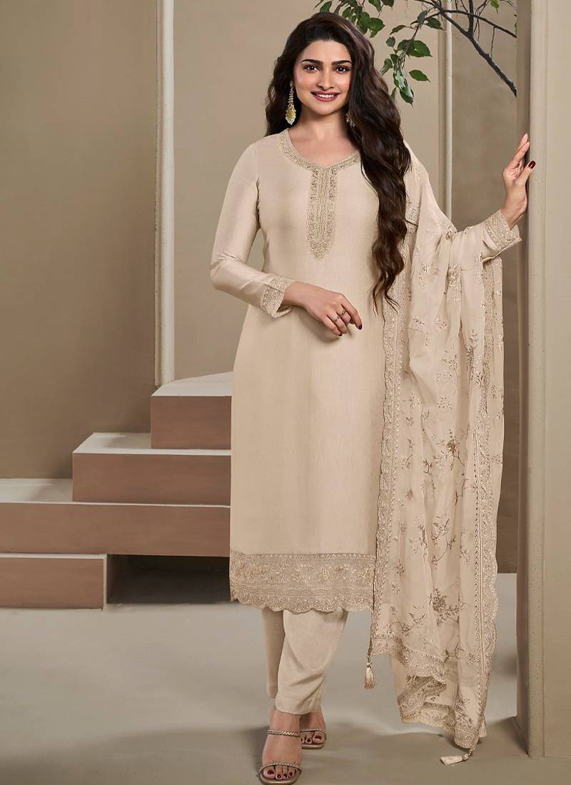 new wedding wear off white crep silk straight suit for women