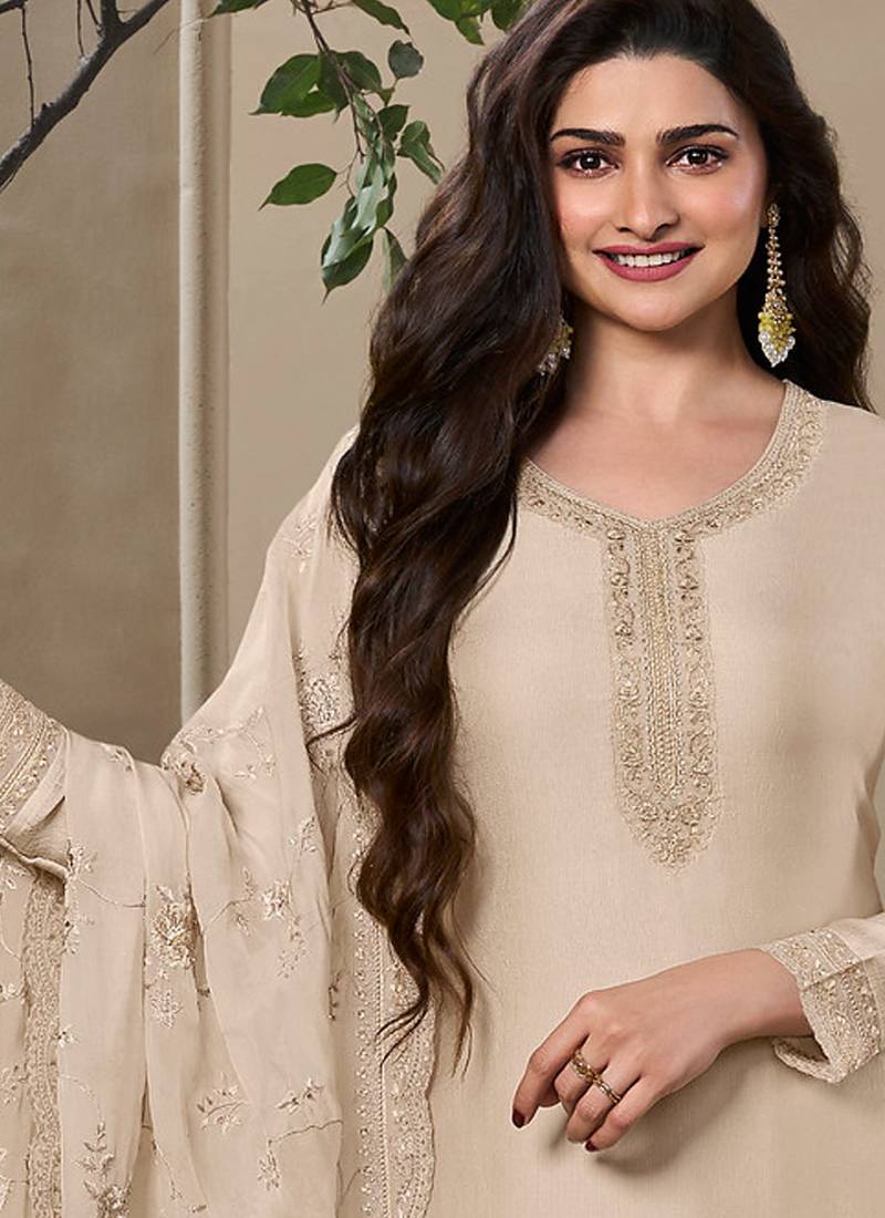 new wedding wear off white crep silk straight suit for women