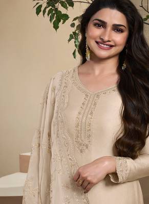 off white crep silk straight suit for women-Full Stitched free size 3